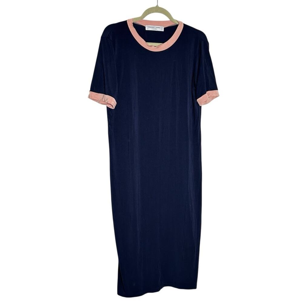 Sonnet James A Play Dress Navy & Pink Ringer Crewneck Short Sleeve Dress Small - Picture 1 of 6
